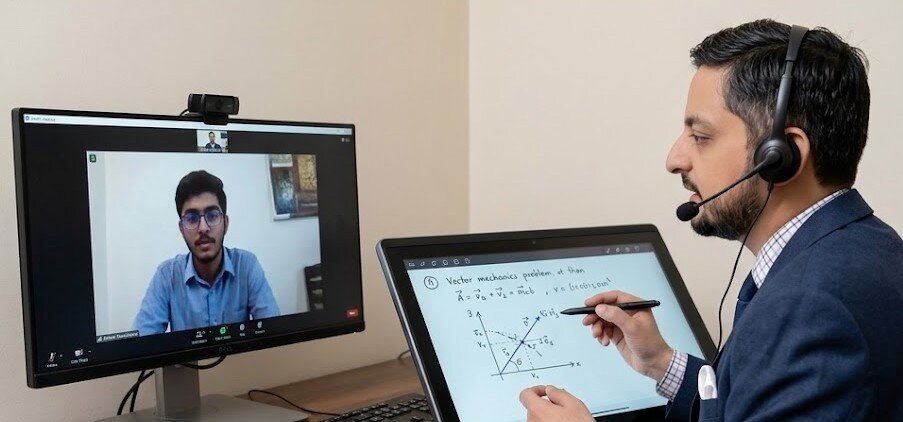 Physics whiteboard with vector mechanics problem